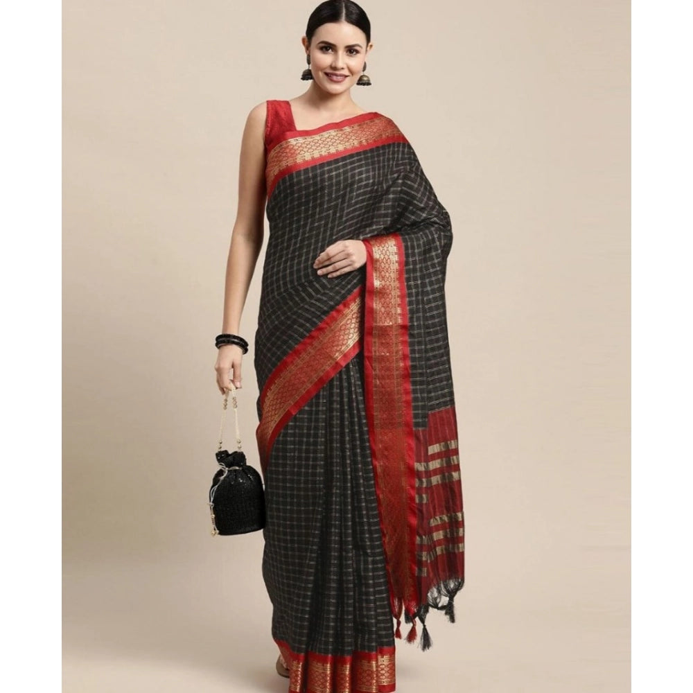 Black cotton silk checkered saree with unstitched blouse (5.5mtr)