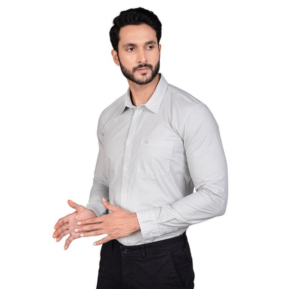 Grey cotton men's casual full sleeve solid shirt with mandarin collar, ideal for everyday wear
