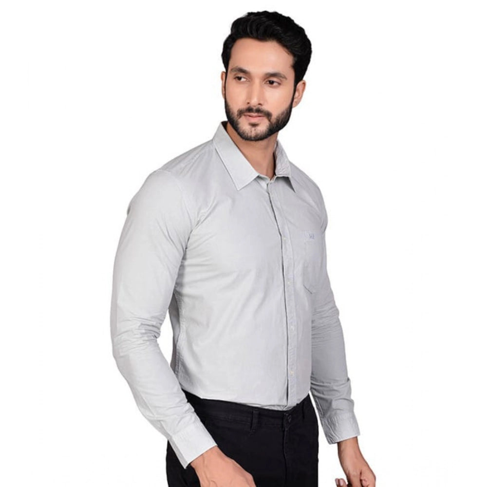 Grey cotton men's casual full-sleeve solid shirt, mandarin collar, ideal for smart-casual wear