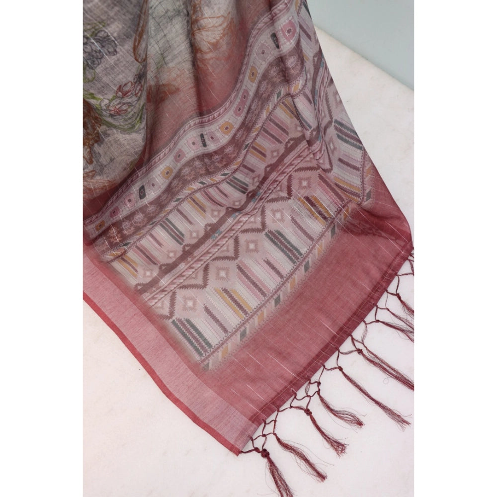 Multicolor linen digital print saree with unstitched blouse (5.5mtr), elegant Asian fashion for women