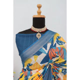 Multicolor linen digital print saree with unstitched blouse, 5.5Mtr - vibrant, high-quality Indian women's wear