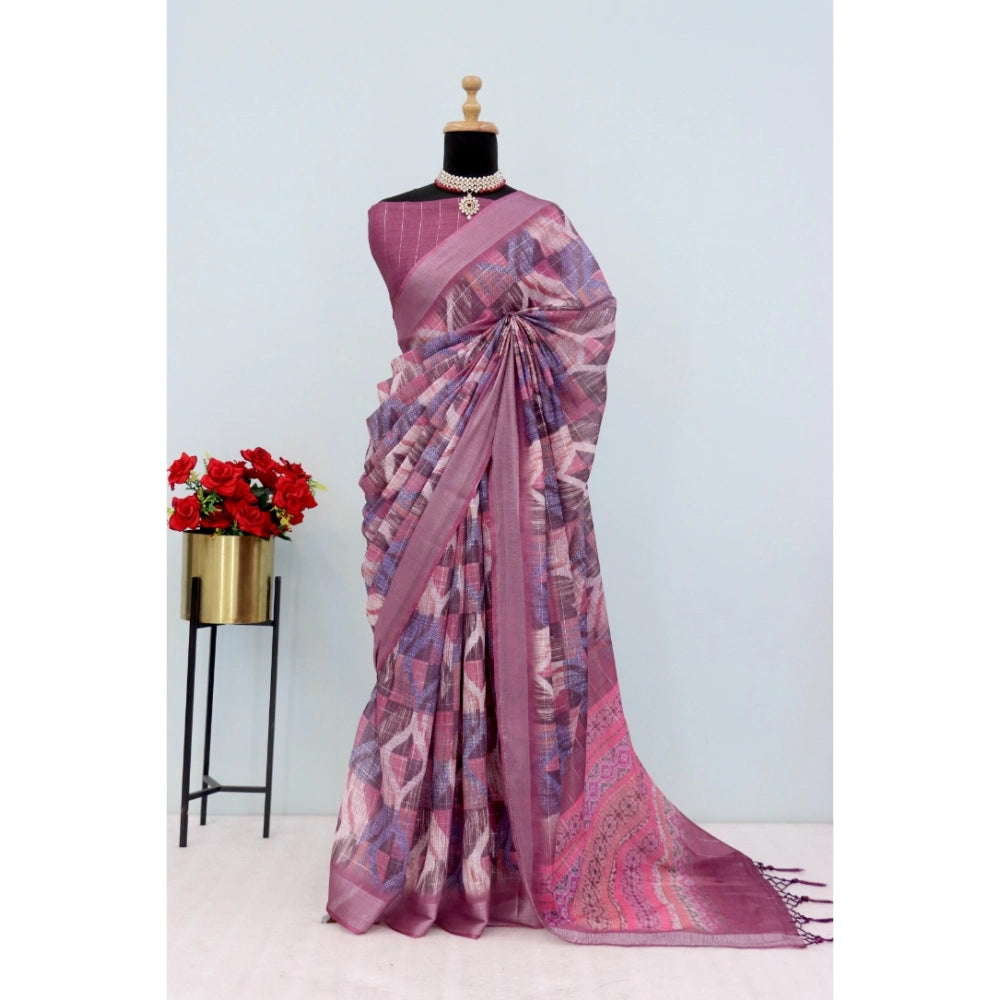 Pink linen digital print saree with unstitched blouse (5.5mtr) on mannequin