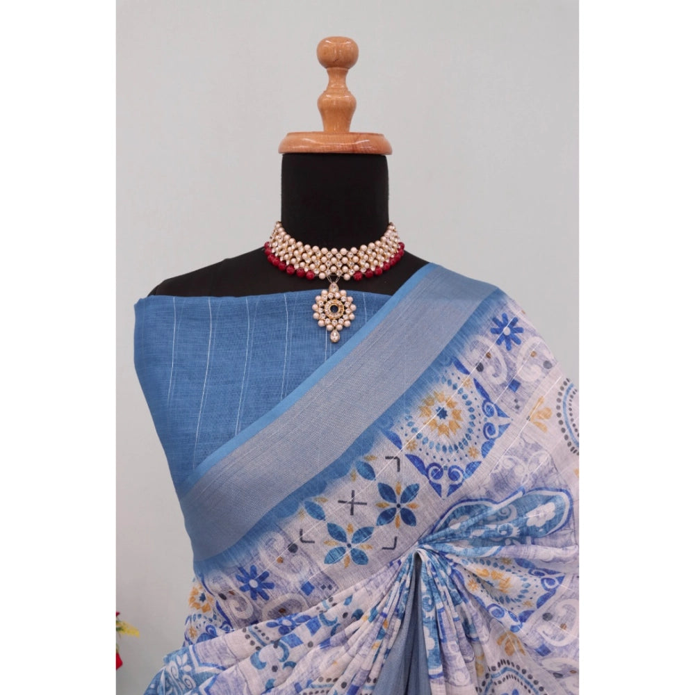 Blue linen digital print saree with unstitched blouse (5.5mtr), versatile women's fashion accessory