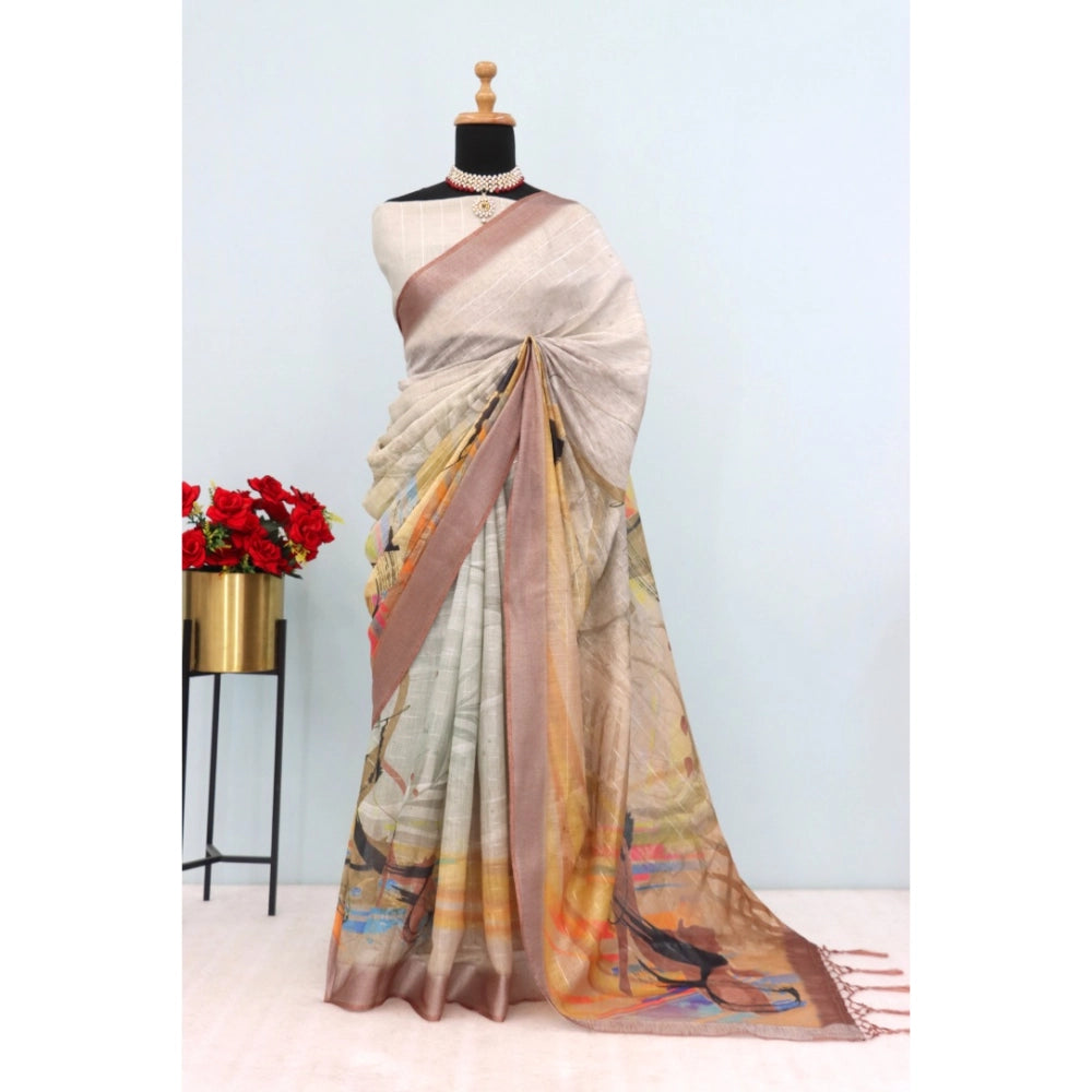 Multicolor linen digital print saree with unstitched blouse (5.5mtr), women's ethnic wear on mannequin