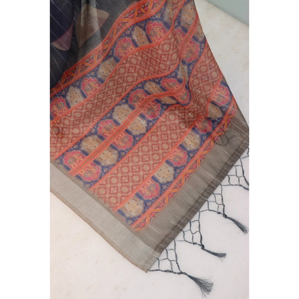 Blue linen digital print saree with unstitched blouse, vibrant design on display