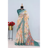 Green linen digital print saree with unstitched blouse (5.5Mtr) on model
