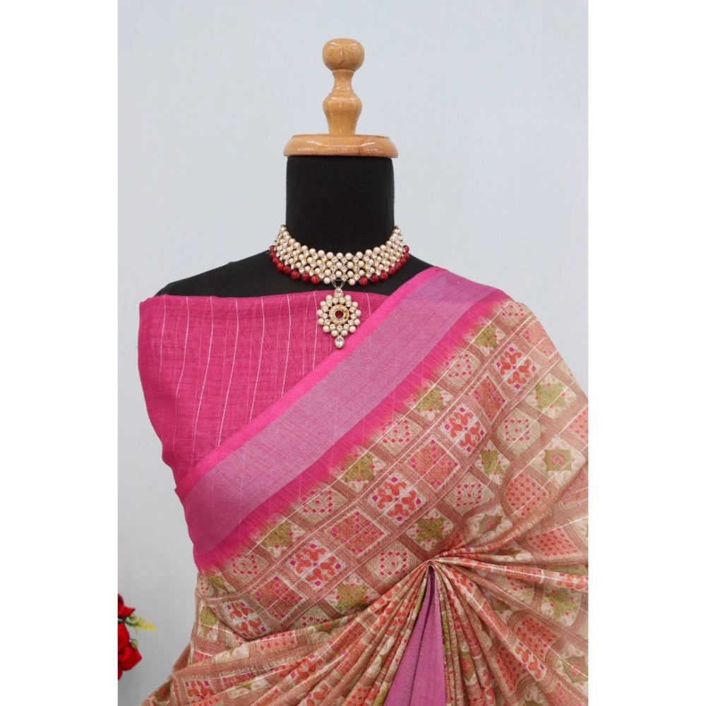 Pink linen digital print saree with unstitched blouse (5.5mtr), women's traditional Indian wear for special occasions