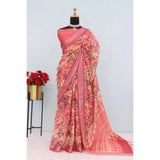 Pink linen digital print saree with unstitched blouse (5.5mtr), vibrant pattern for traditional wear