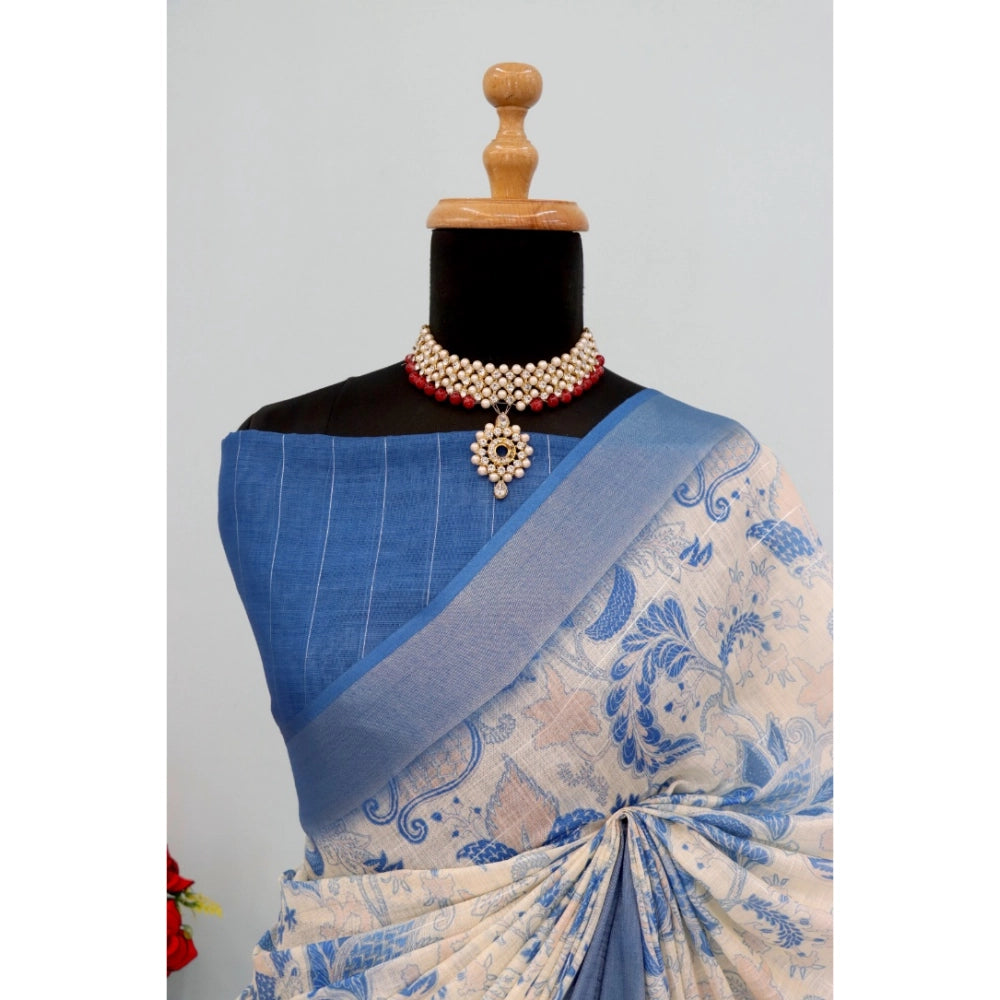 Blue linen digital print saree with unstitched blouse (5.5Mtr) on model