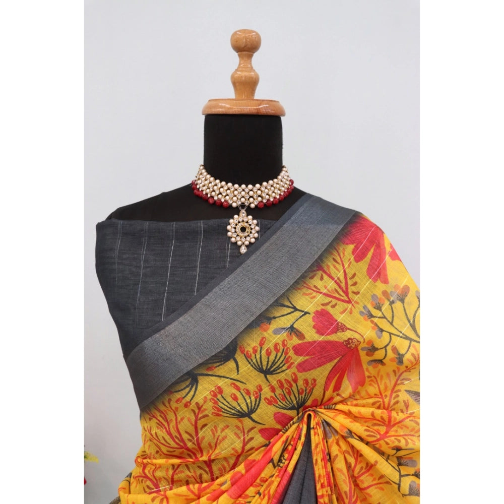 Multi-colored linen digital print saree with unstitched blouse (5.5mtr) on mannequin, vibrant and elegant women's traditional wear accessory