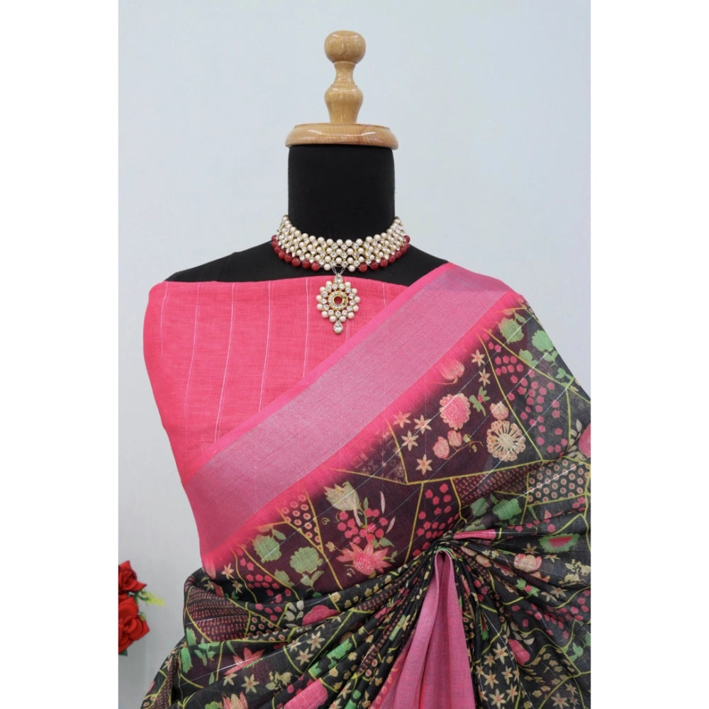 Multicolor linen digital print saree with unstitched blouse, vibrant Indian fashion accessory on display