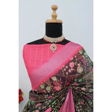 Multicolor linen digital print saree with unstitched blouse, vibrant Indian fashion accessory on display