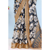 Black linen digital print saree with unstitched blouse (5.5Mtr)