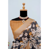 Black linen digital print saree with unstitched blouse, vibrant pattern on display