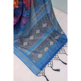 Blue linen digital print saree with unstitched blouse, vibrant floral pattern on display