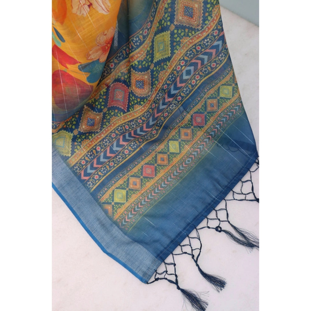 Yellow linen digital print saree with unstitched blouse (5.5mtr), vibrant Indian fashion accessory