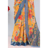Yellow linen digital print saree with unstitched blouse (5.5Mtr) on mannequin