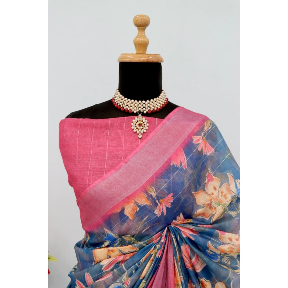 Blue linen digital print saree with unstitched blouse (5.5mtr), vibrant color detail on display