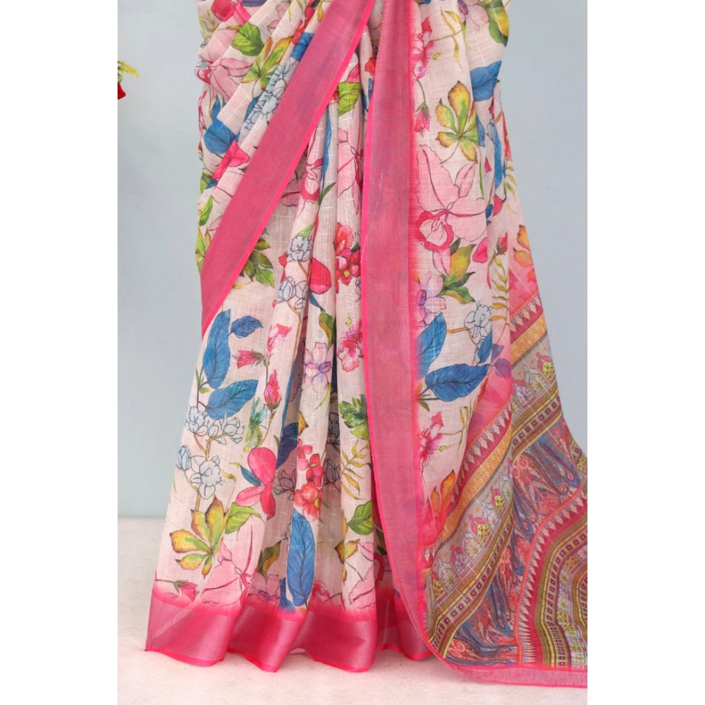 Pink linen digital print saree with unstitched blouse (5.5Mtr) on mannequin for traditional Indian wear
