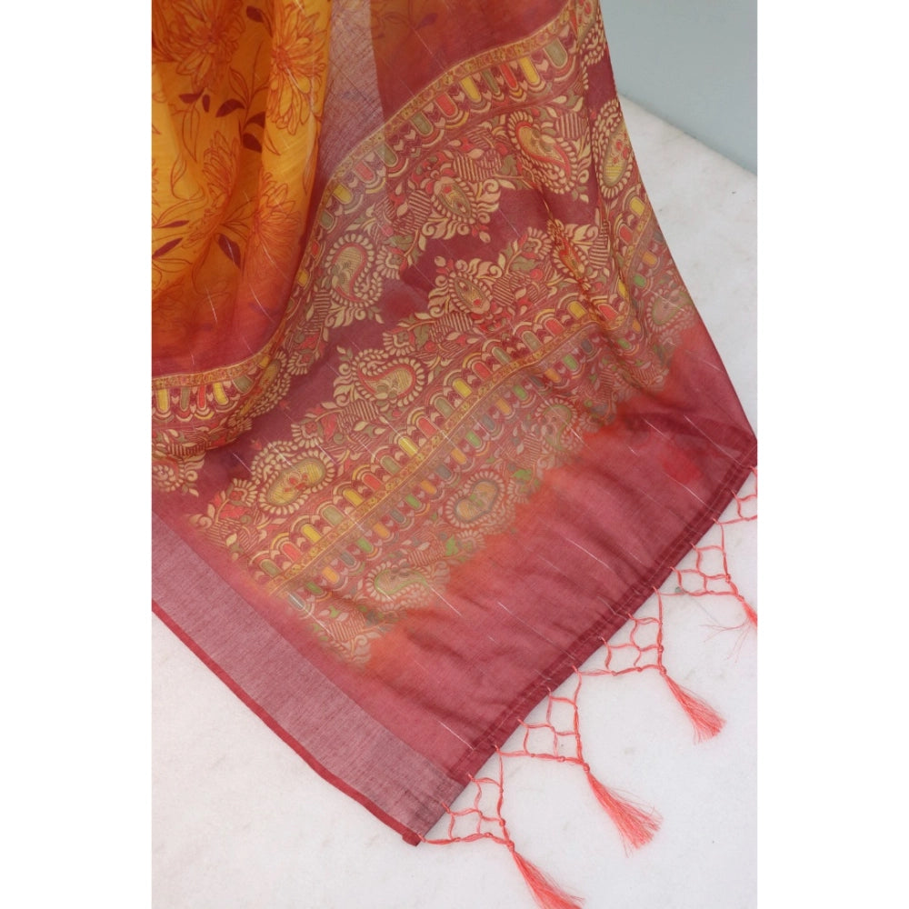 Mustard linen digital print saree with unstitched blouse (5.5mtr), vibrant Indian fashion accessory for women