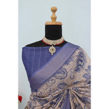 Blue linen digital print saree with unstitched blouse (5.5mtr), stylish traditional Indian wear