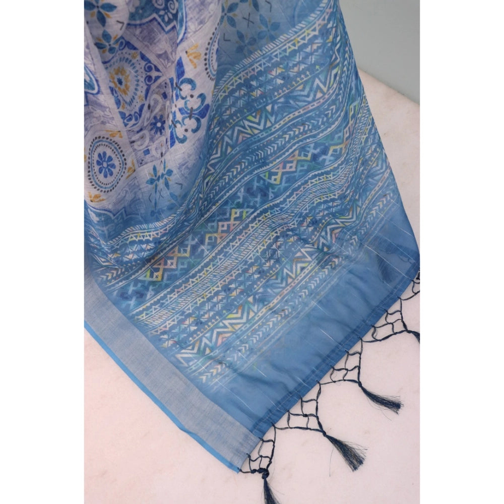 Blue linen digital print saree with unstitched blouse (5.5Mtr) - vibrant, traditional Indian attire for women