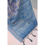Blue linen digital print saree with unstitched blouse (5.5Mtr) - vibrant, traditional Indian attire for women