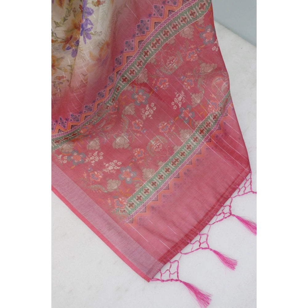 Pink linen digital print saree with unstitched blouse, 5.5Mtr length on model for ethnic wear