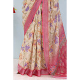 Pink linen digital print saree with unstitched blouse (5.5Mtr) on model