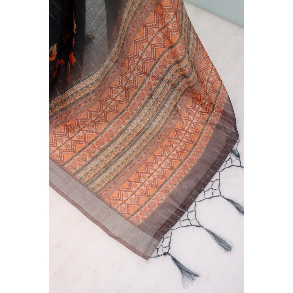 Black linen digital print saree with unstitched blouse (5.5mtr), high-quality fashion accessory