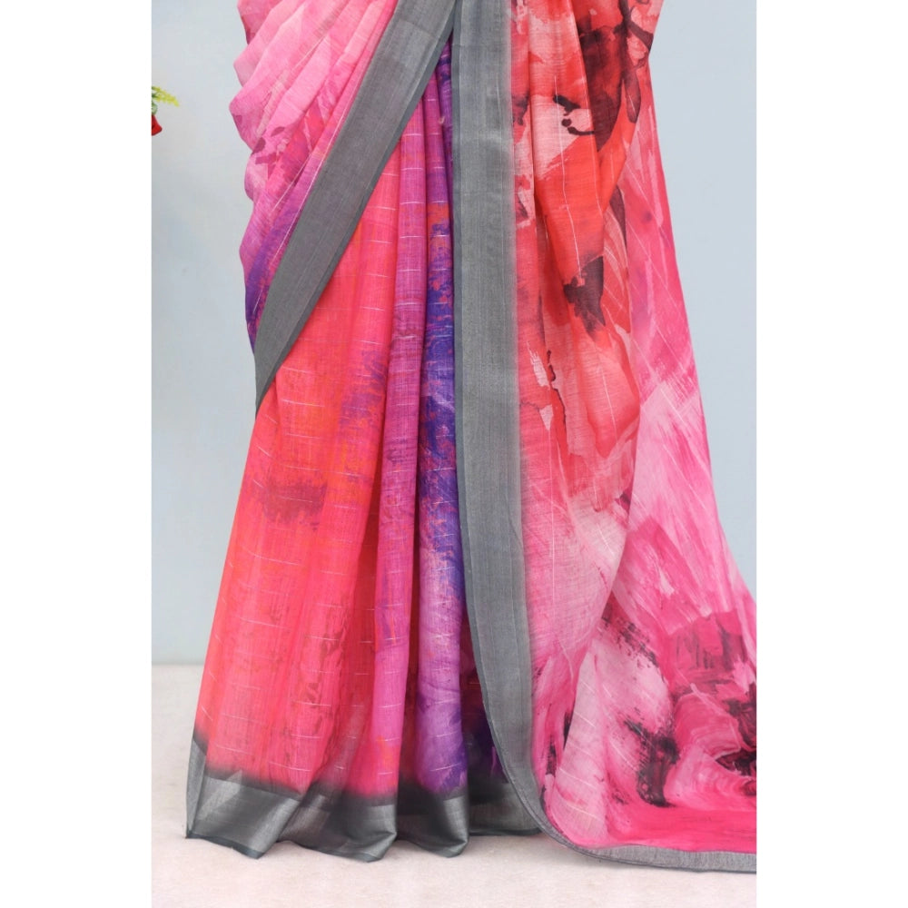 Pink linen digital print saree with unstitched blouse (5.5mtr), women's traditional Indian wear