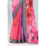Pink linen digital print saree with unstitched blouse (5.5mtr), women's traditional Indian wear