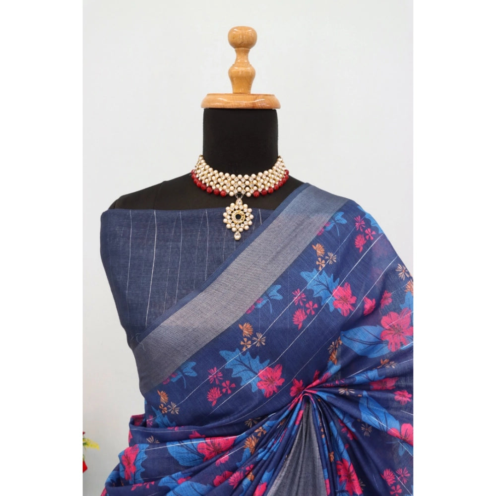 Blue linen digital print saree with unstitched blouse (5.5Mtr), traditional Indian wear for women