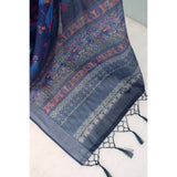 Blue linen digital print saree with unstitched blouse, 5.5Mtr length for women's fashion