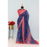 Blue linen digital print saree with unstitched blouse (5.5Mtr) - vibrant, elegant traditional wear for women