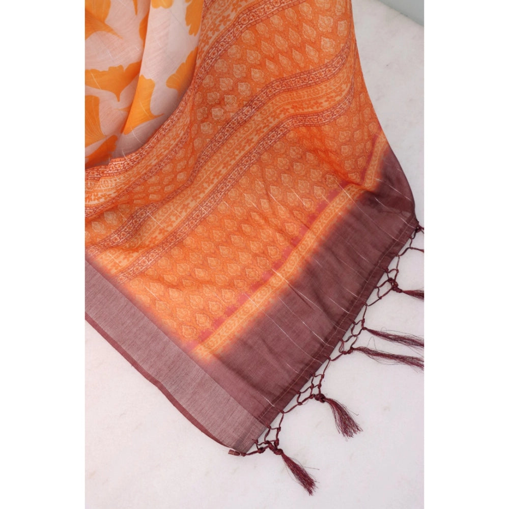 Orange linen digital print saree with unstitched blouse (5.5mtr), vibrant Indian fashion accessory