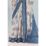 Blue linen digital print saree with unstitched blouse (5.5mtr), vibrant design for Indian women's fashion