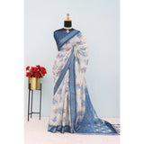 Blue linen digital print saree with unstitched blouse, vibrant pattern for Indian women's fashion