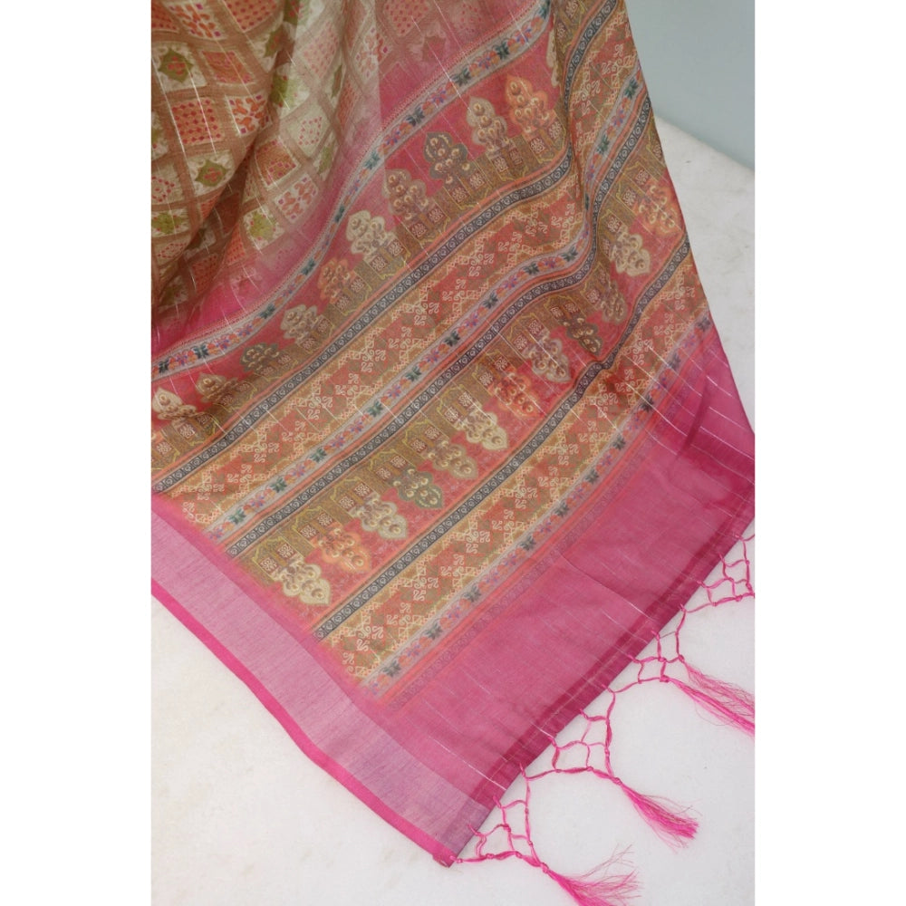 Pink linen digital print saree with unstitched blouse (5.5mtr), women's traditional Indian wear