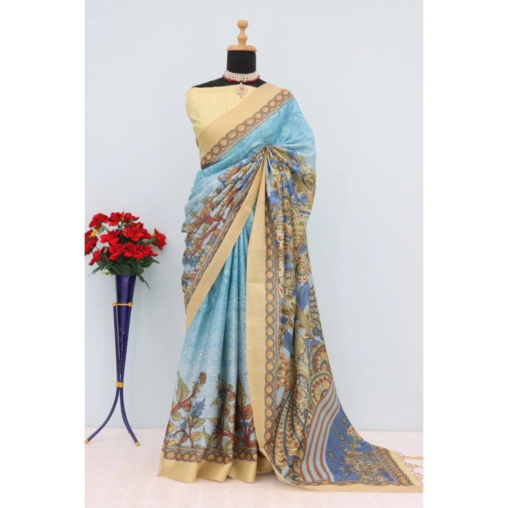 Sky blue Mysore silk digital print saree with unstitched blouse (5.5mtr)