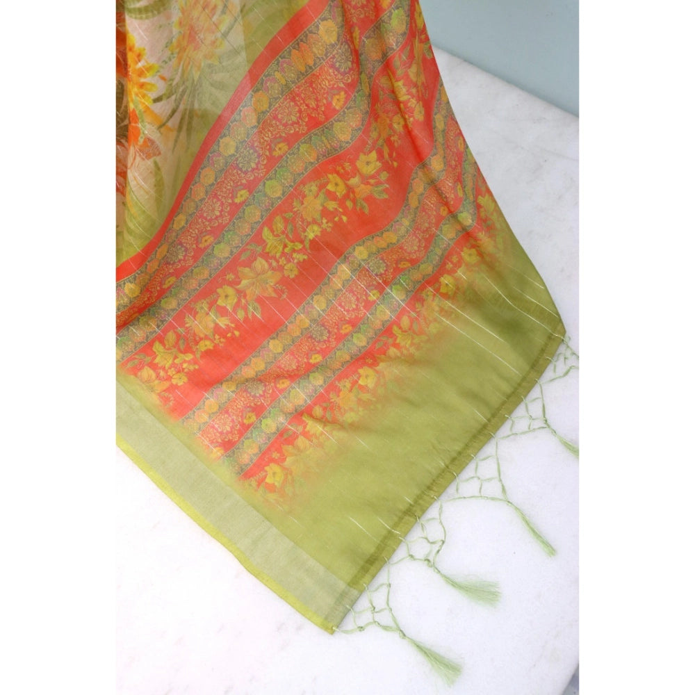Multi-colored linen digital print saree with unstitched blouse (5.5Mtr) - vibrant, comfortable women's ethnic wear on mannequin