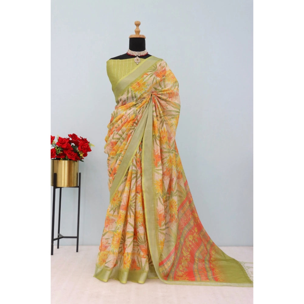 Multicolor digital print linen saree with unstitched blouse (5.5Mtr), vibrant Indian fashion for women on mannequin