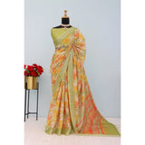 Multicolor digital print linen saree with unstitched blouse (5.5Mtr), vibrant Indian fashion for women on mannequin