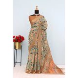 Beige linen digital print saree with unstitched blouse, vibrant floral patterns on a 5.5mtr length for women's traditional wear