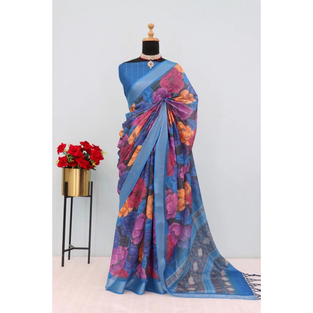 Blue linen digital print saree with unstitched blouse, 5.5Mtr length
