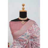 Brown linen digital print saree with unstitched blouse, vibrant floral pattern on display