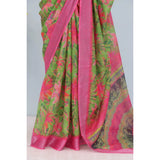Green linen digital print saree with unstitched blouse (5.5mtr) - vibrant cultural wear for women