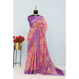 Purple linen digital print saree with unstitched blouse (5.5mtr), traditional Indian wear for women