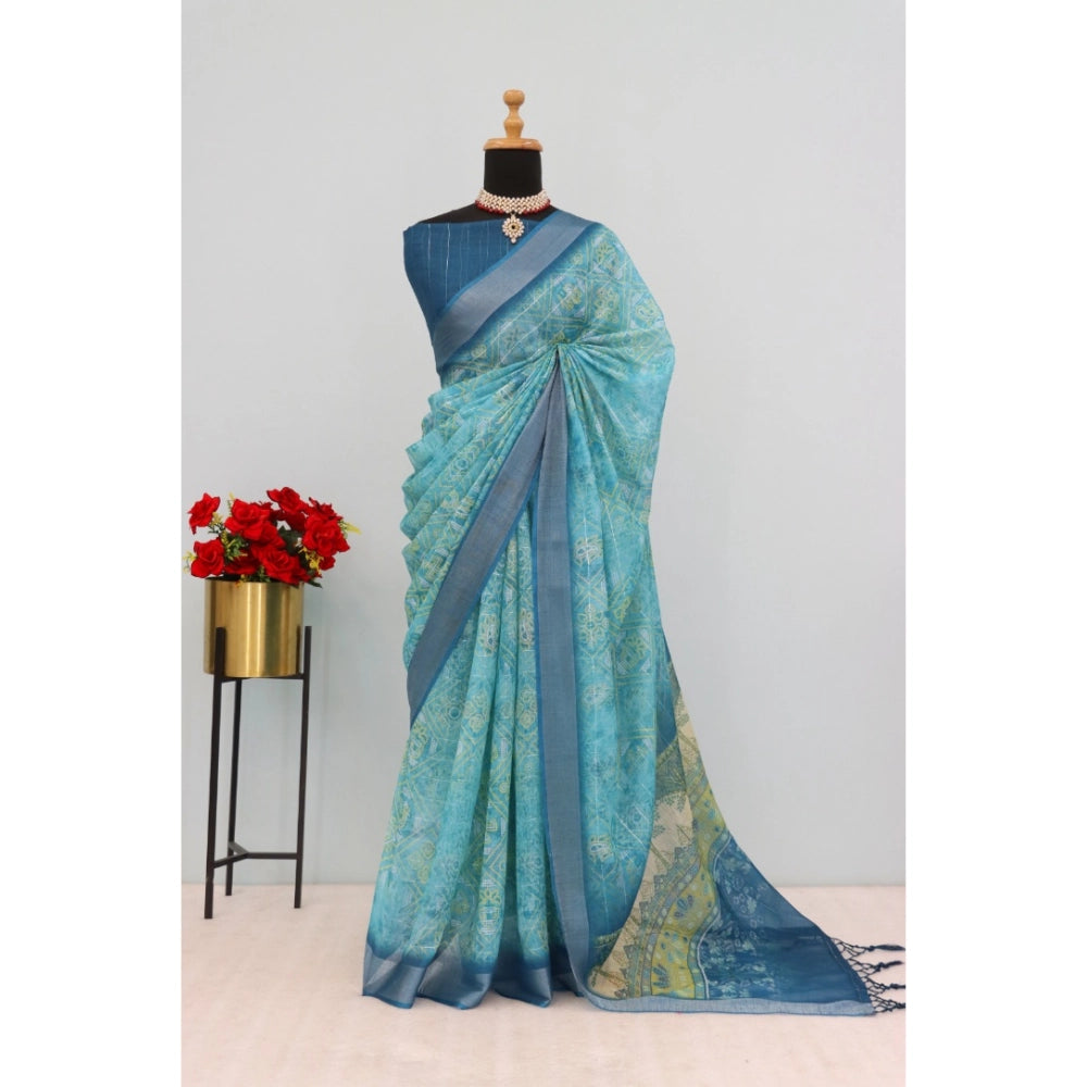 Sky blue linen digital print saree with unstitched blouse, vibrant design for traditional Indian wear