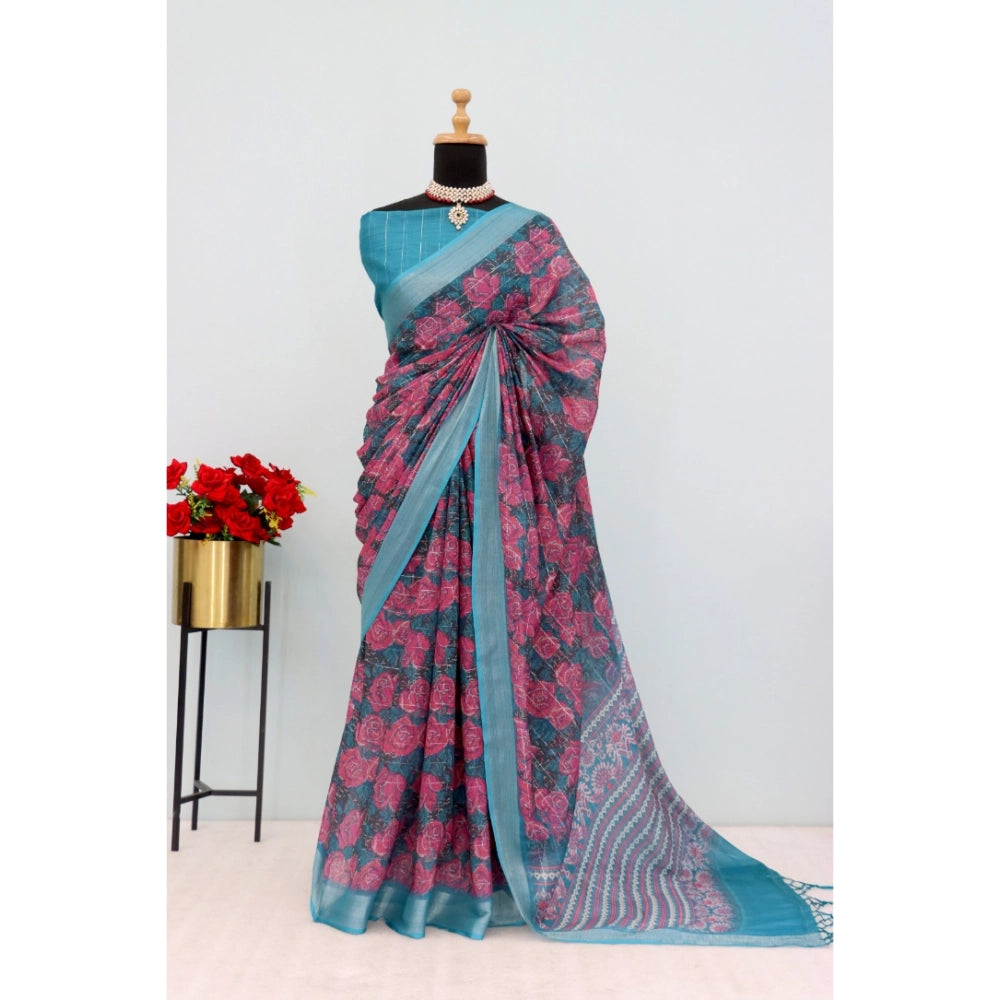 Blue linen digital print saree with unstitched blouse, 5.5mtr length